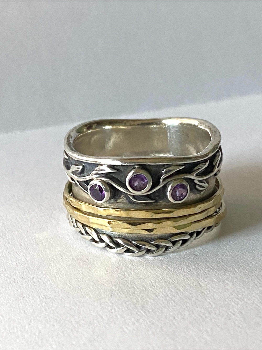 Sterling Silver 925 Two Tone Amethyst Gemstone Spinner Band Ring Size 10.5